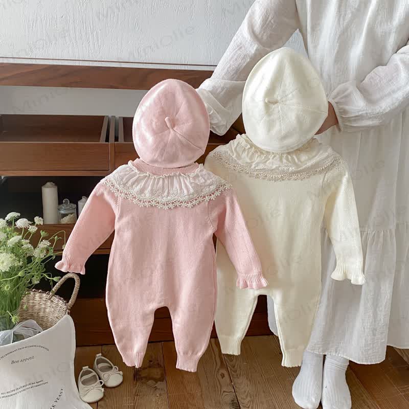 Baby Lace Collar Knit Long Sleeve Romper with Hat - image 2