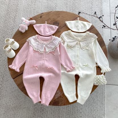 Baby Lace Collar Knit Long Sleeve Romper with Hat - image 4