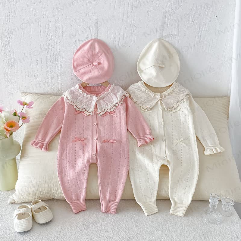 Baby Lace Collar Knit Long Sleeve Romper with Hat - image 3