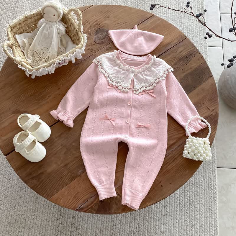 Baby Lace Collar Knit Long Sleeve Romper with Hat - image 10