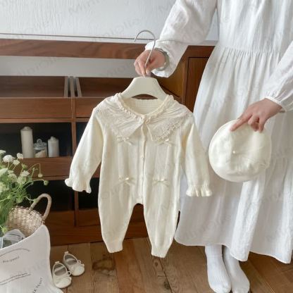 Baby Lace Collar Knit Long Sleeve Romper with Hat - image 6