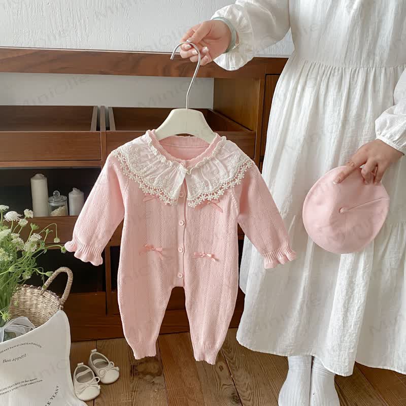 Baby Lace Collar Knit Long Sleeve Romper with Hat - image 9