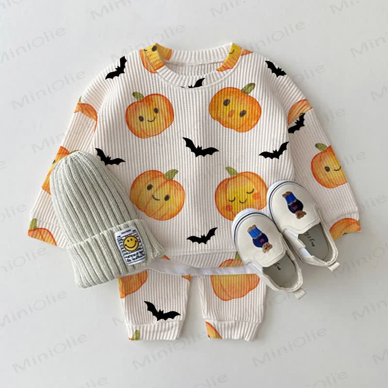 Baby Pumpkin Bat White Waffle 2-piece Set - White - 2-3T - image 1