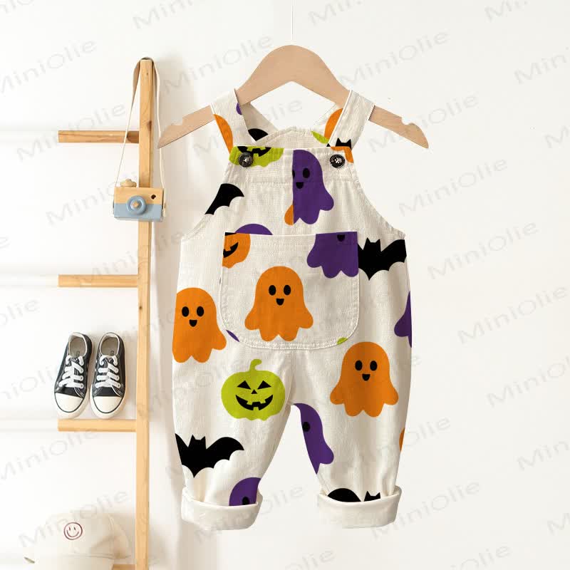 Baby Toddler Halloween Pumpkin Face Beige Pocket Overalls  - Beige - 3-5T - image 1