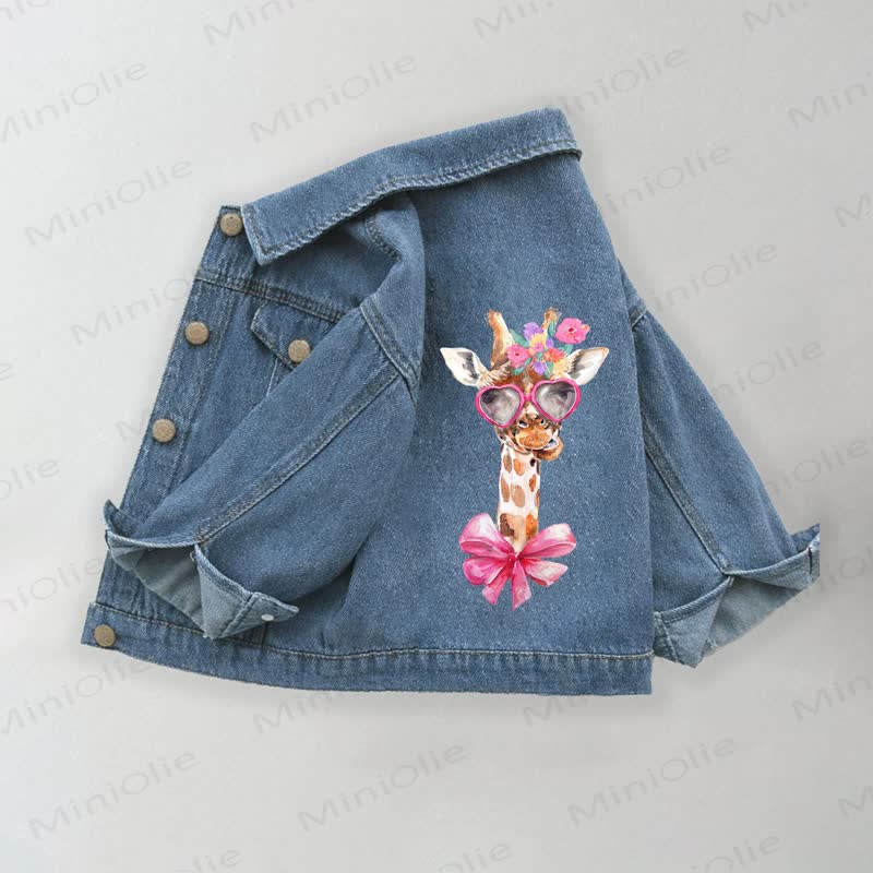 Toddler Kid Cute Bow Giraffe Print Denim Jacket - Blue - 10-11T - image 1