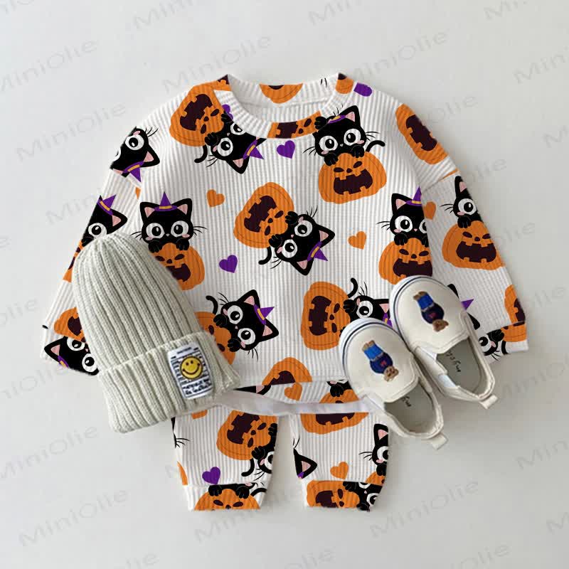 Baby White Halloween Cat and Pumpkin Waffle 2-piece Set - White - 2-3T - image 1