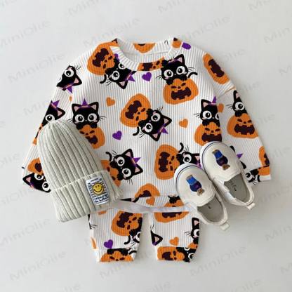 Baby White Halloween Cat and Pumpkin Waffle 2-piece Set - White - 2-3T - image 1