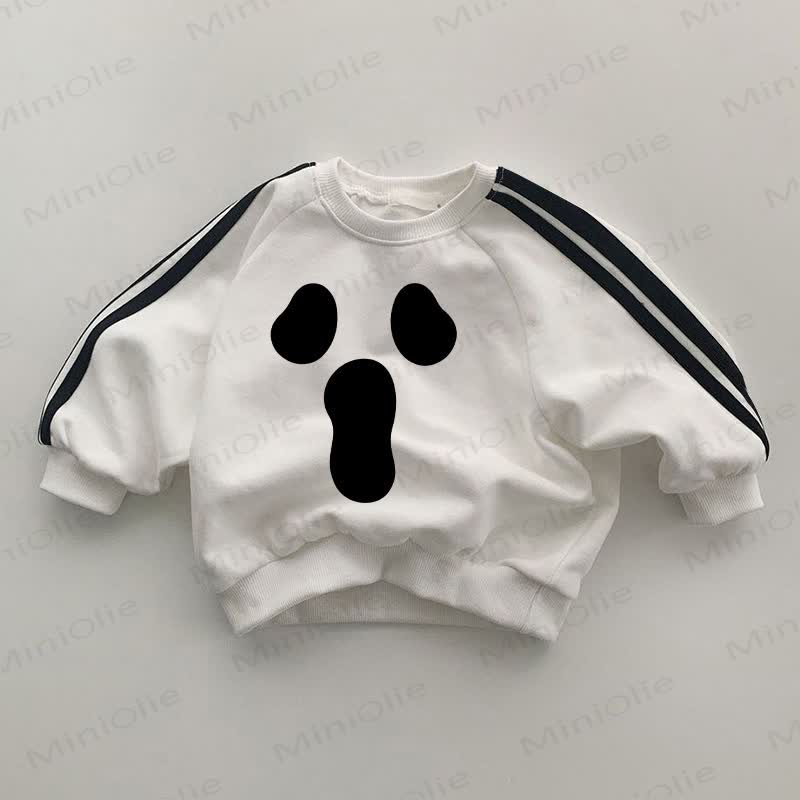 Baby Halloween Funny Face Black Striped Sleeve White Sweatshirt - White - 2-3T - image 1