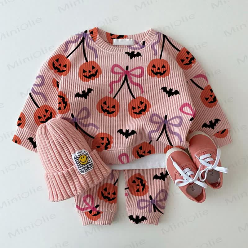Baby Pumpkin Bat Pink Waffle Sweartshit and Pants 2-piece Set - Pink - 2-3T - image 1