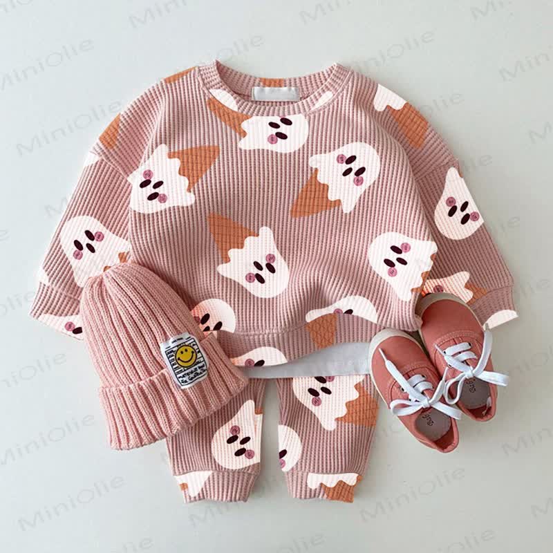 Baby Ghost Ice Cream  Pink Waffle Sweartshit and Pants 2-piece Set - Pink - 2-3T - image 1