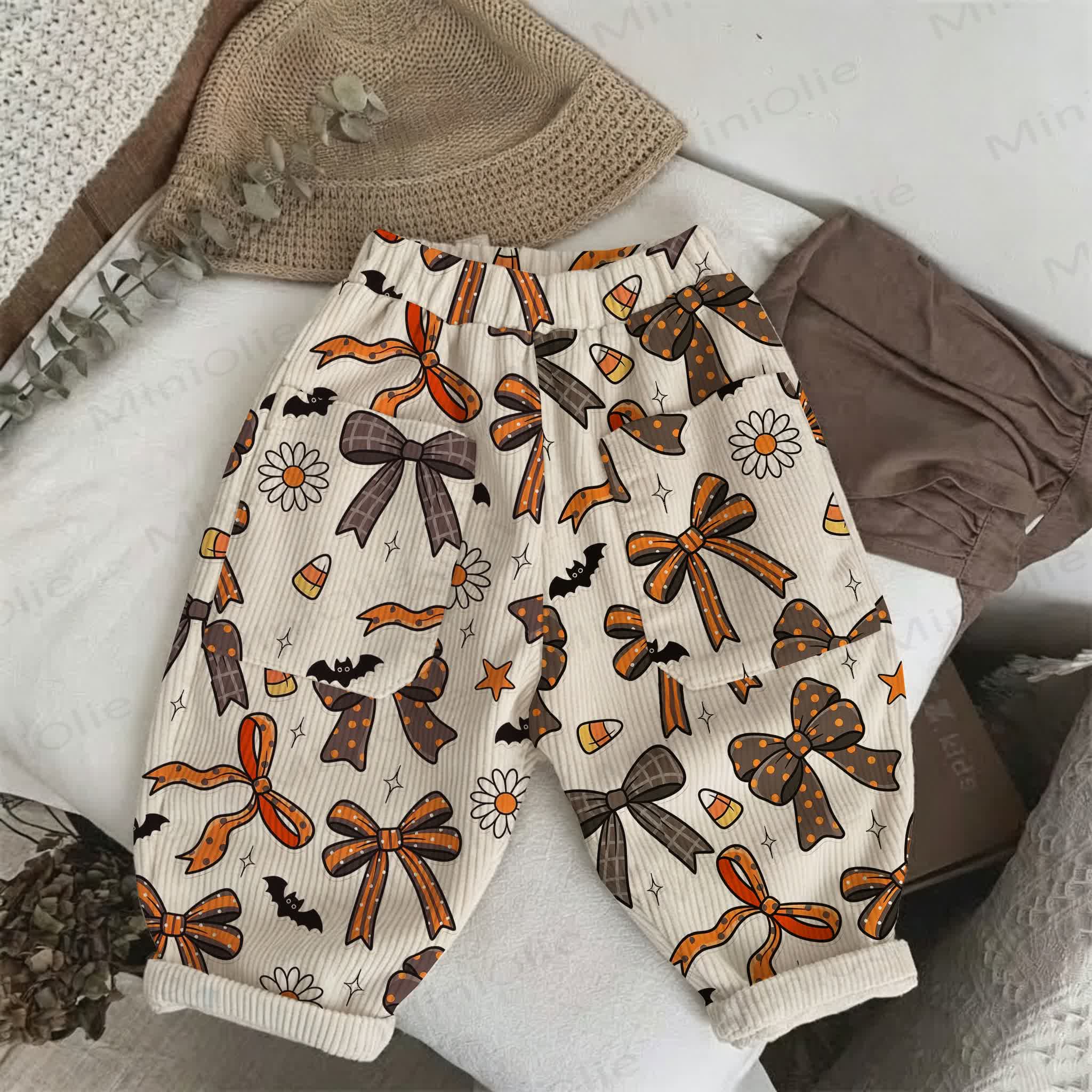 Baby Toddler Bow Bat Flower Cord Pants - Beige - 5-7T - image 1