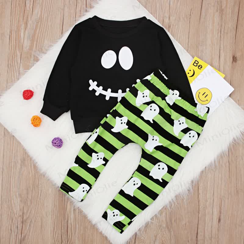 Toddler Boys Halloween Smiley Face Sweatshirt and Striped Pants 2-piece Set - Black - 4-5T - image 2