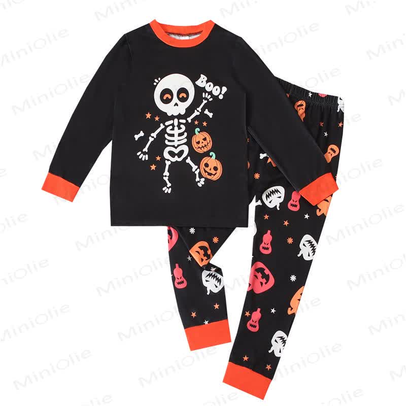 Toddler Skeleton Halloween Long Sleeve Pajama 2-piece Set - Orange Skull - 8Y - image 5