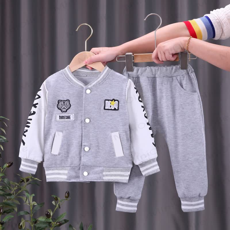 Toddler Contrast Sleeve Varsity Jacket and Jogger 2-piece Set - Gray - 4-5T - image 2