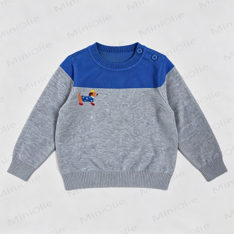 Baby Toddler Color Block Dog Embroidery Crew Neck Knit Sweater - Blue&Grey - 4-5T - image 1