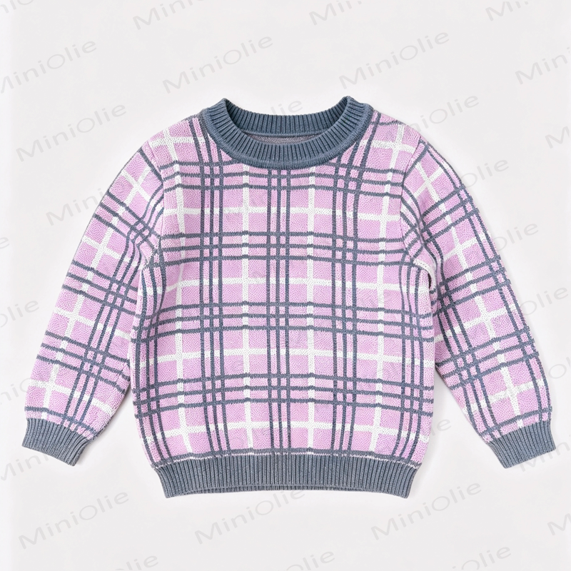 Baby Toddler Plaid Crew Neck Long Sleeve Knit Sweatshirt - Pink&Grey - 4-5T - image 1