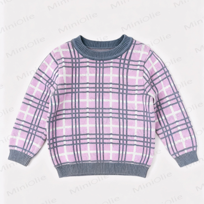 Baby Toddler Plaid Crew Neck Long Sleeve Knit Sweatshirt - Pink&Grey - 4-5T - image 1