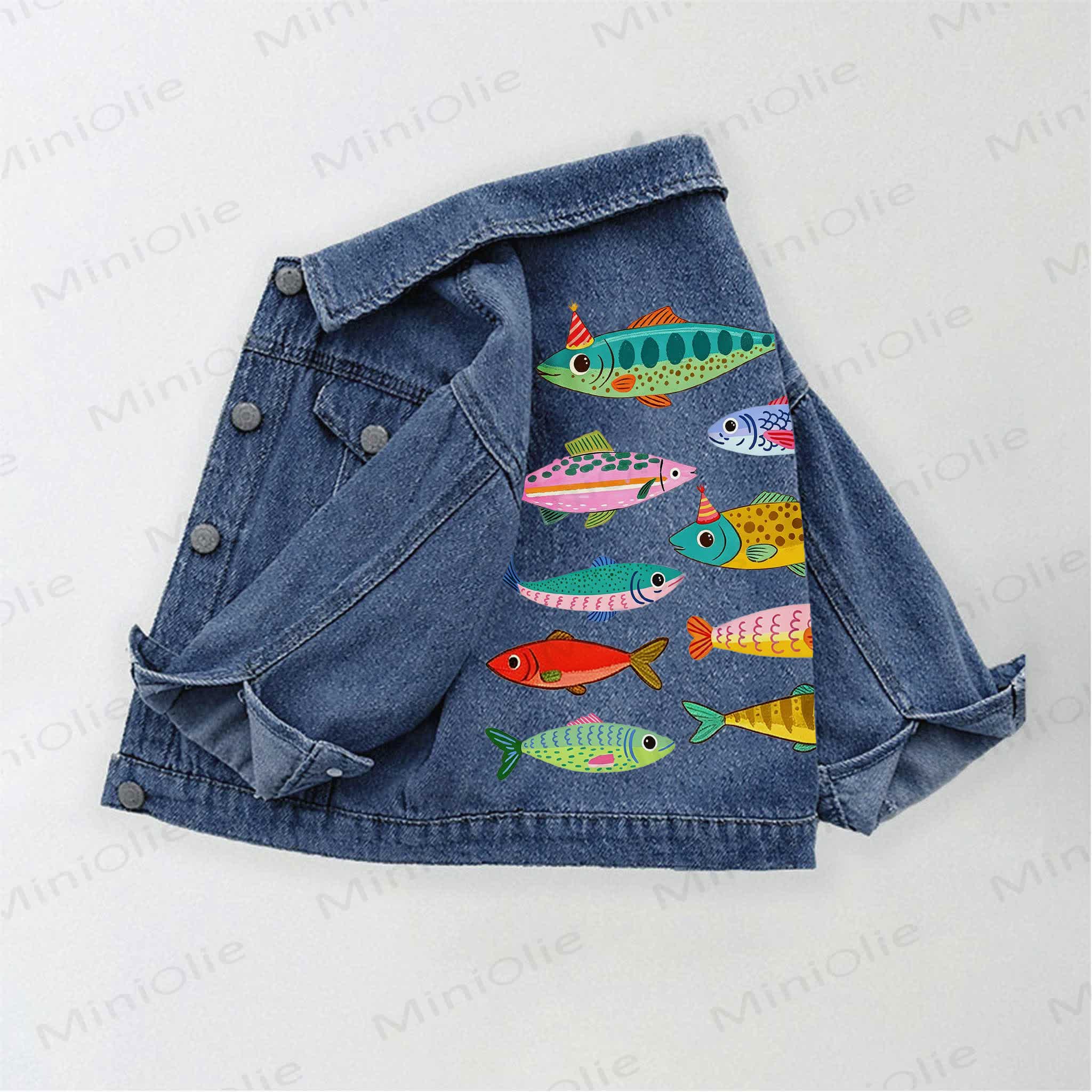 Toddler Kid Colorful Fish Print Denim Jacket - Blue - 10-11T - image 1