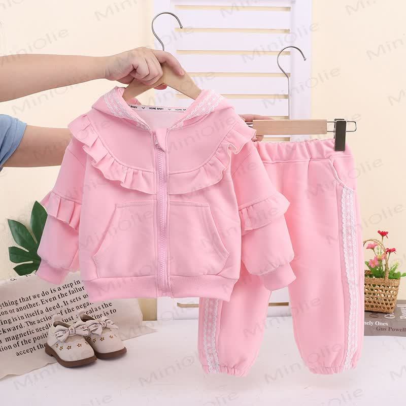 Toddler Girl Lace Trim Ruffle Hoodie and Pants 2-piece Set - Pink - 4-5T - image 1