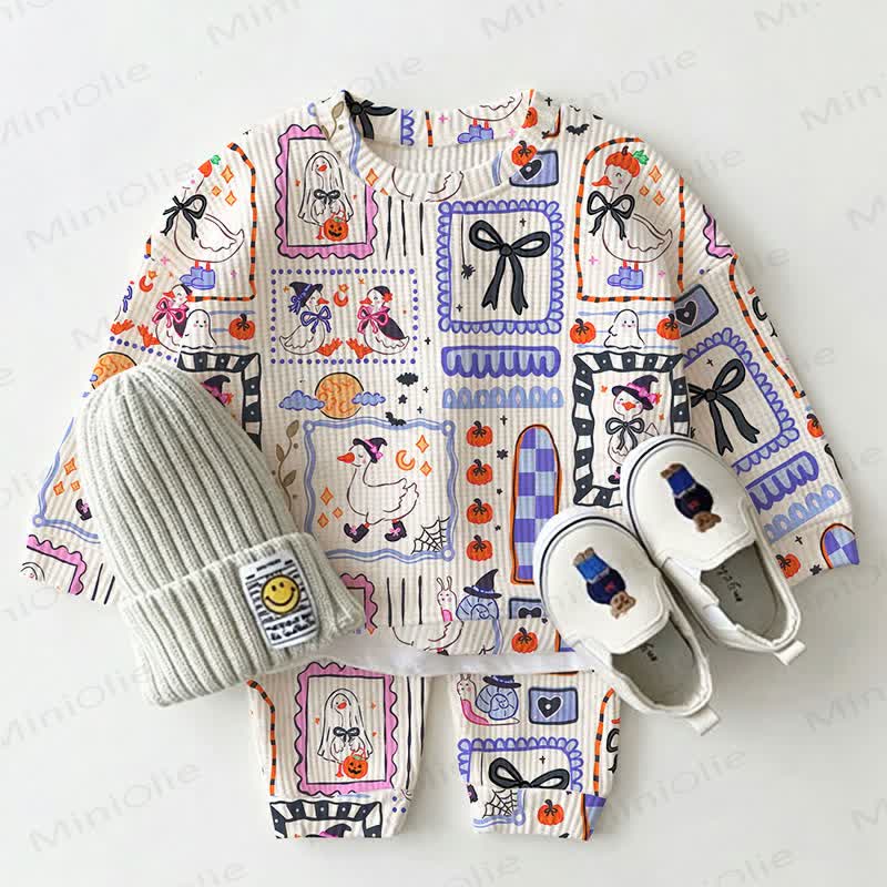 Baby Halloween Goose Print Waffle 2-piece Set - White - 2-3T - image 1