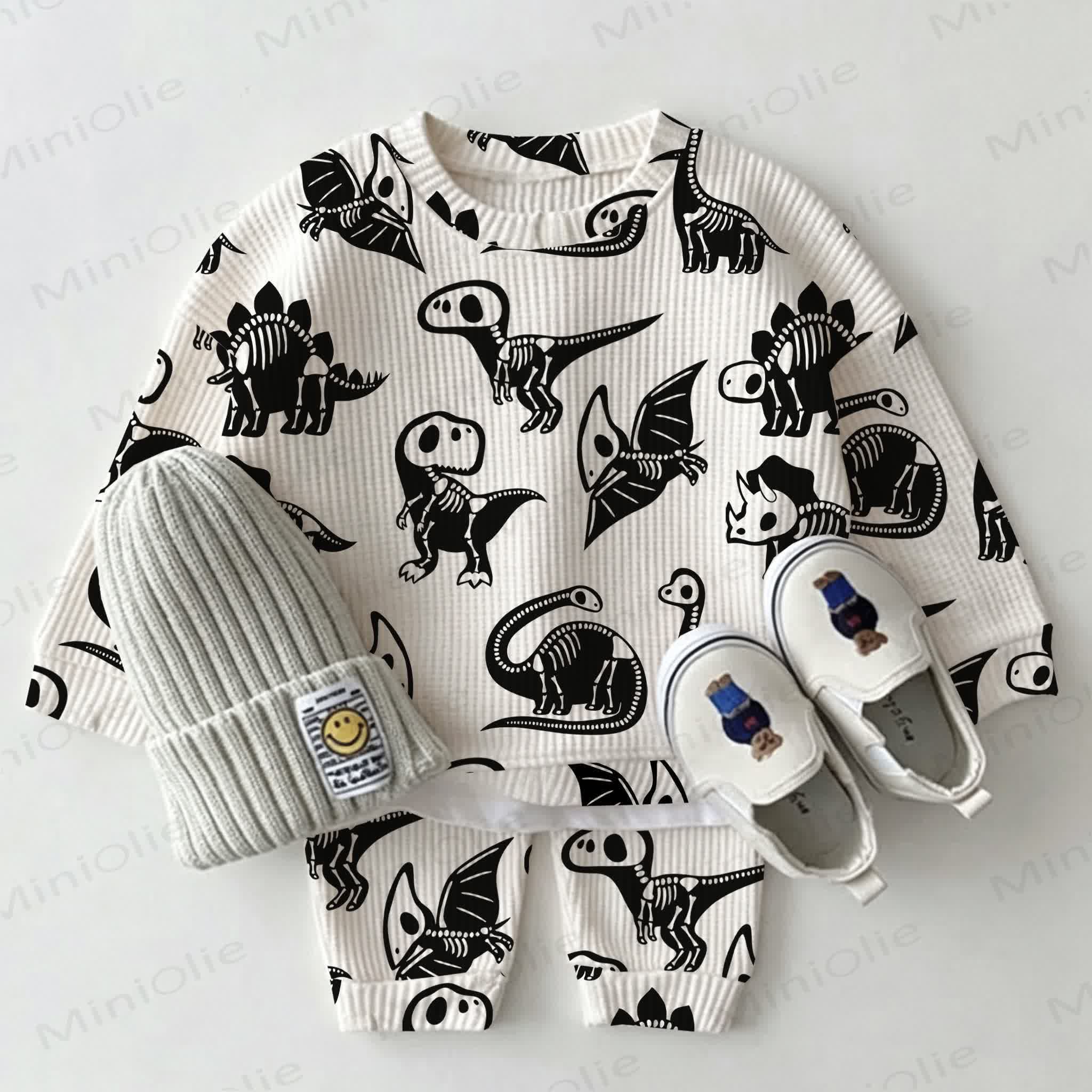 Baby Dinosaur Skeleton Print Waffle 2-piece Set - White - 2-3T - image 1