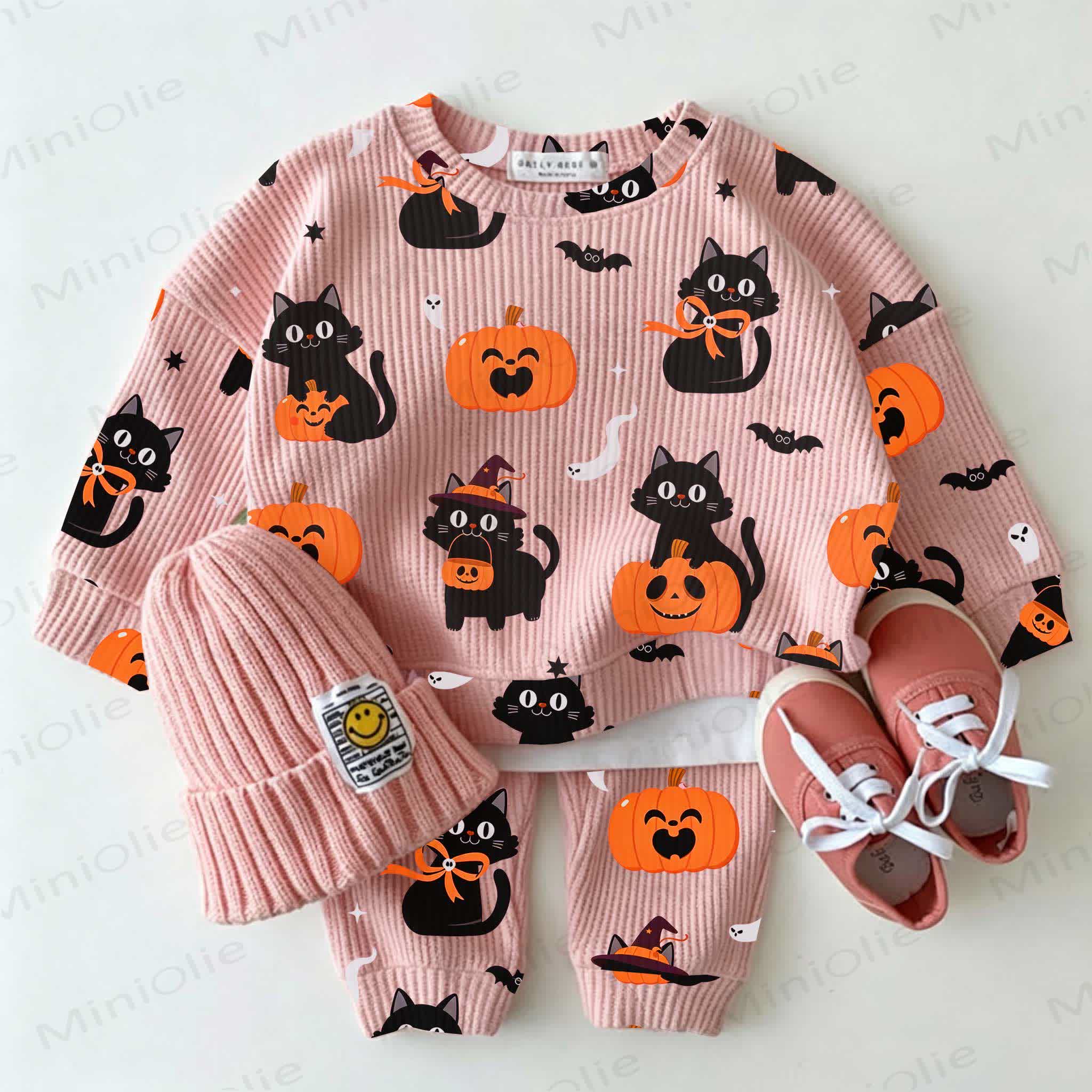 Baby Black Cat Pumpkin Print Pink Waffle 2-piece Set - Pink - 2-3T - image 1