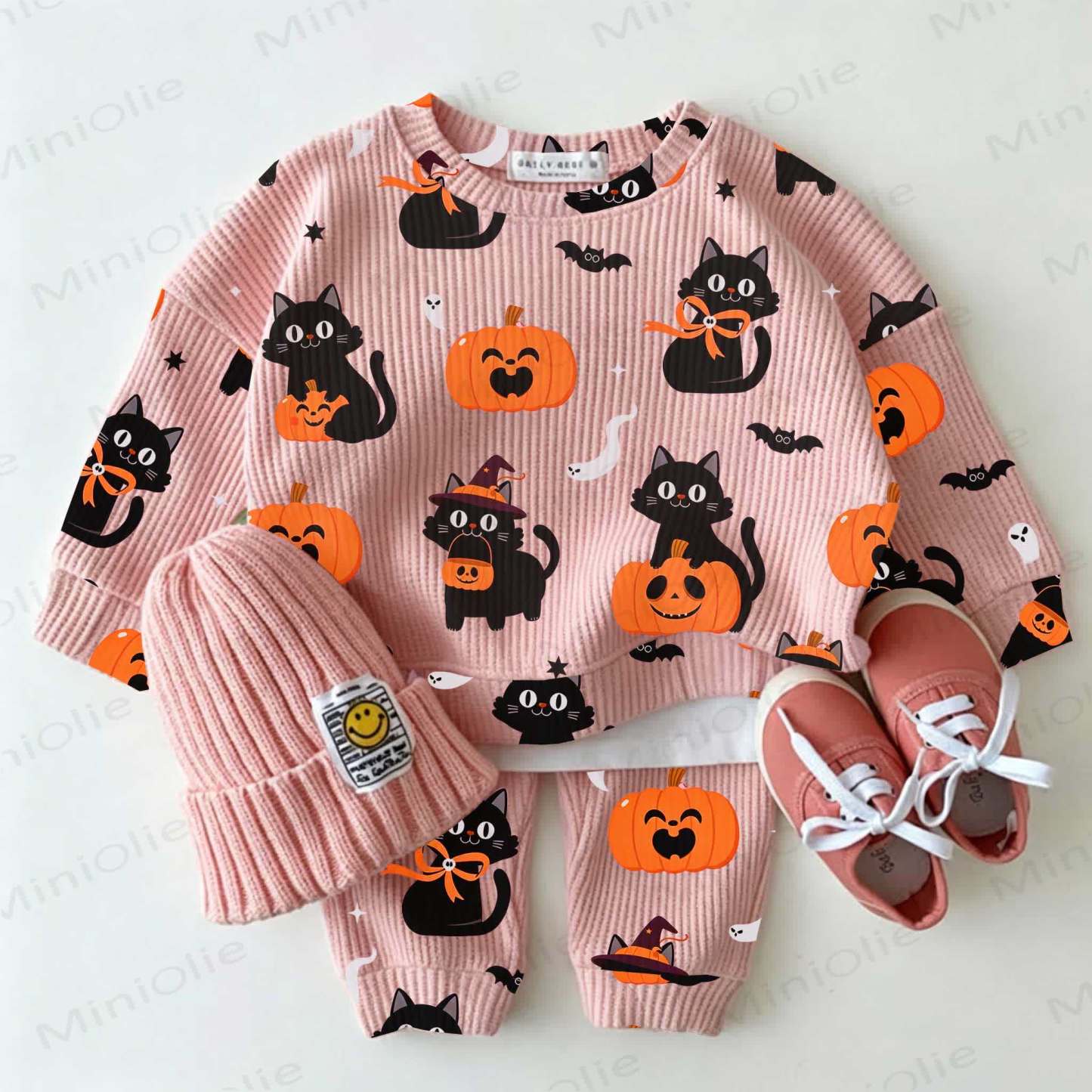 Baby Black Cat Pumpkin Print Pink Waffle 2-piece Set - Pink - 2-3T - image 1