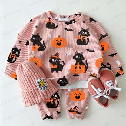 Baby Black Cat Pumpkin Print Pink Waffle 2-piece Set - Pink - 2-3T - image 1