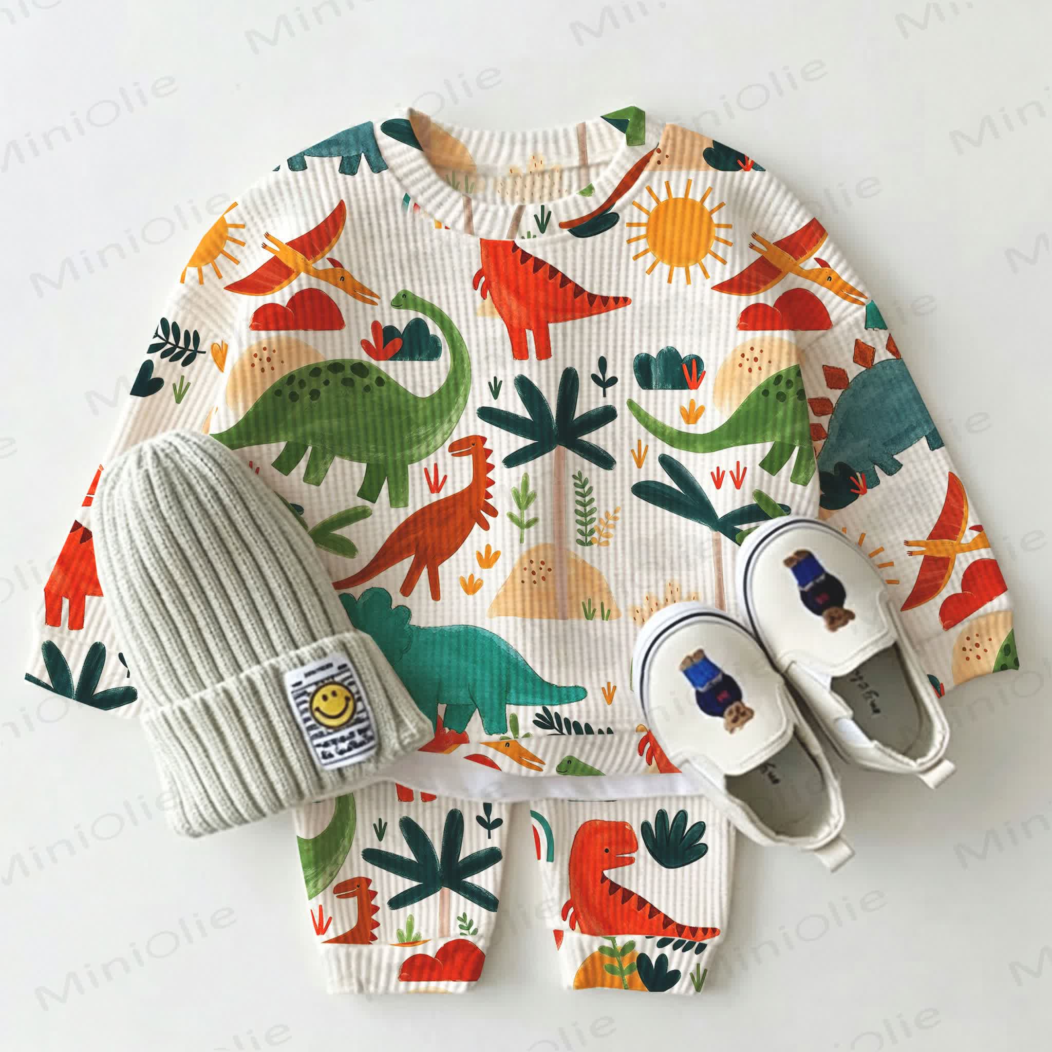 Baby Cartoon Dinosaur Print Waffle 2-piece Set - White - 2-3T - image 1