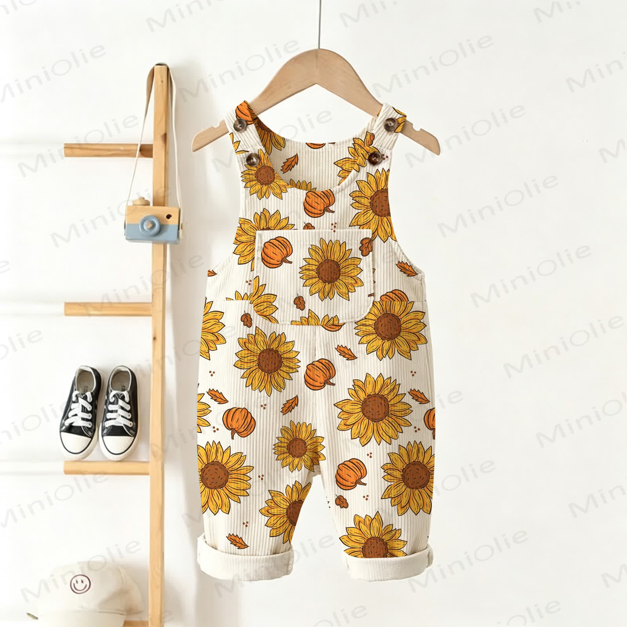 Baby Toddler Sunflower & Pumpkin Print Beige Overalls - Beige - 3-5T - image 1