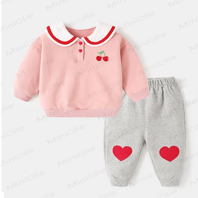 Baby Toddler Girls Heart and Cherry Print Top and Pants 2-piece Set - Gray - 3-4T - image 2
