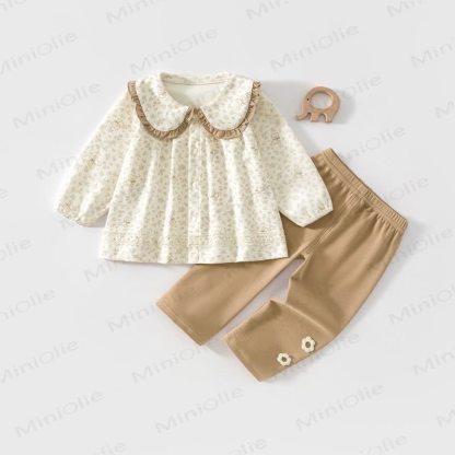 Baby Toddler Floral Peter Pan Collar Cozy Top and Pants 2-piece Set - Brown - 2-3T - image 2