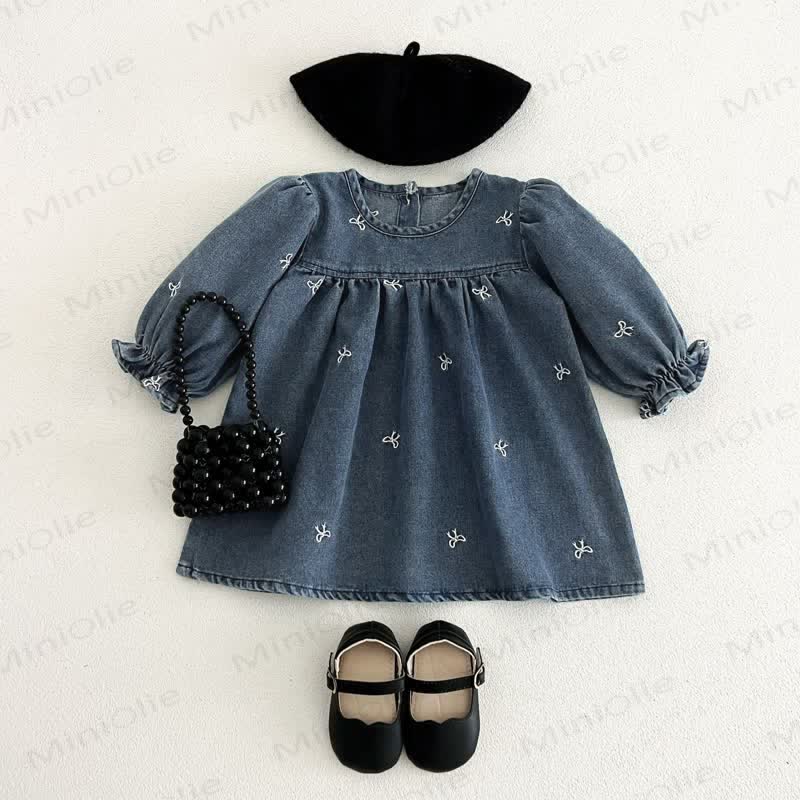 Girls Bow Embroidered Denim Dress - image 2