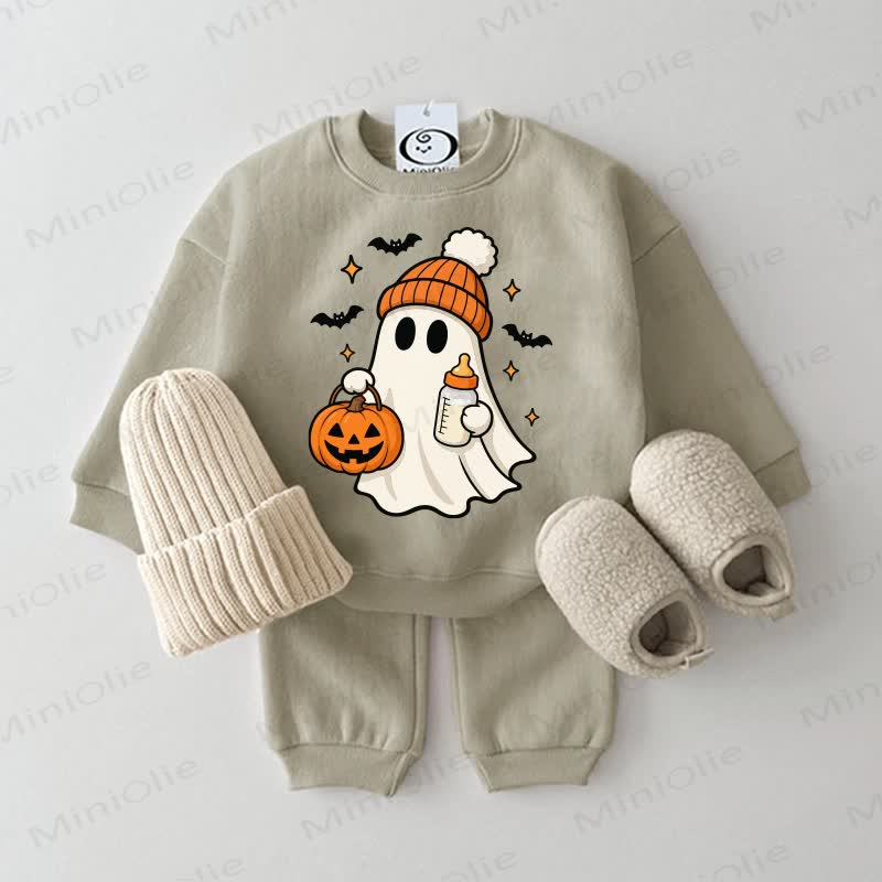 Baby Ghost with Pumpkin Lantern Grey Green Sweatshirt 2-piece Set - Grey Green - 2-3T - image 1