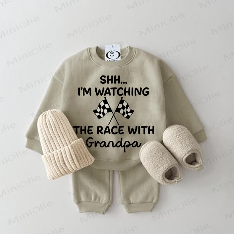 SHH…I'M WATCHING THE RACE WITH GRANDPA Baby Grey Green Sweatshirt 2-piece Set - Grey Green - 2-3T - image 1