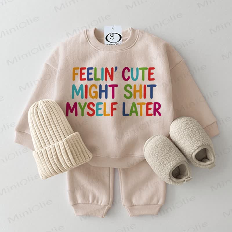 FEELIN' CUTE MIGHT SHIT MYSELF LATER Baby 2-piece Beige Set - Beige - 2-3T - image 1