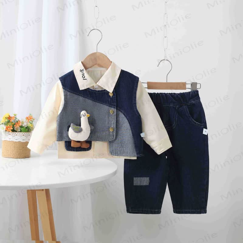 Baby Toddler Goose Shirt and Denim Layered 3-piece Set - Navy - 6-7T - image 1