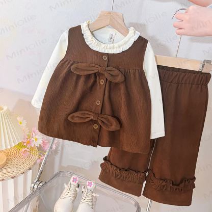 Toddler Baby Girl Bow Ruffle Collar Top and Pants 2-piece Set - Brown - 4-5T - image 2