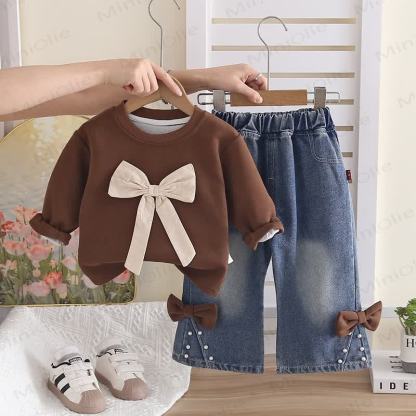 Toddler Girl Big Bow Sweatshirt and Denim Pants 2-piece Set - Brown - 4-5T - image 4