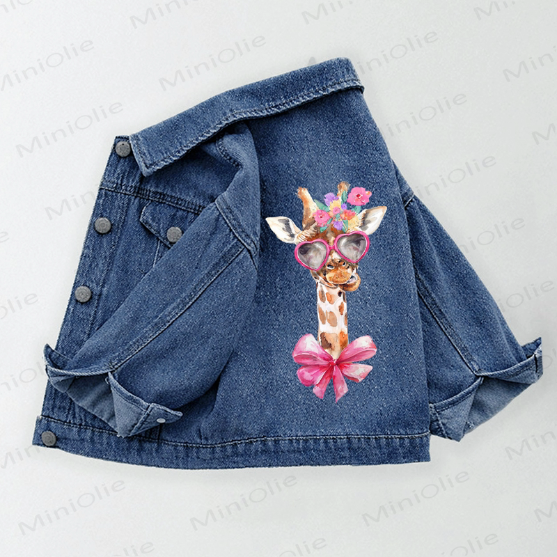 Toddler Kid Cute Bow Giraffe Print Denim Jacket - Blue - 10-11T - image 1