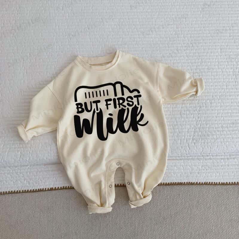 BUT FIRST MILK Baby Slogan Beige Romper - Beige - 2-3T - image 1