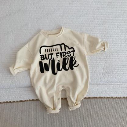 BUT FIRST MILK Baby Slogan Beige Romper - Beige - 2-3T - image 1
