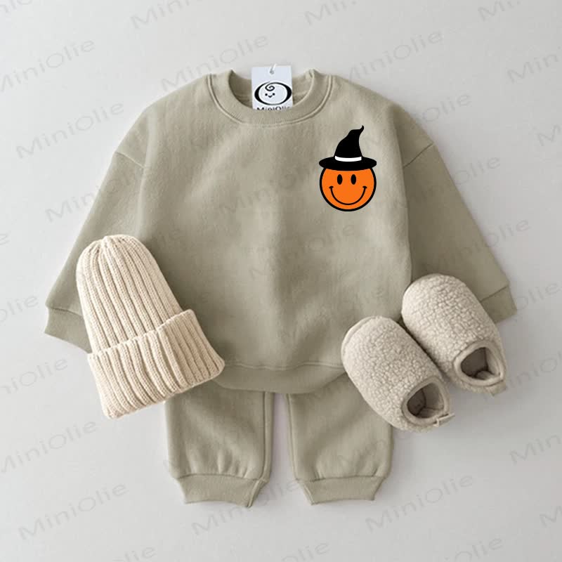 Baby Orange Smiley Face Beige Sweatshirt 2-piece Set - Grey Green - 2-3T - image 2