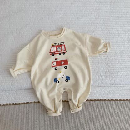 Baby Cartoon Emergency Vehicles Print Beige Romper - Beige - 2-3T - image 1