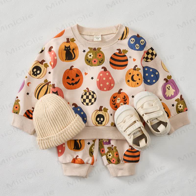 Baby Pumpkin Ghost Cat Print 2-piece Set - Beige - 3-5T - image 1