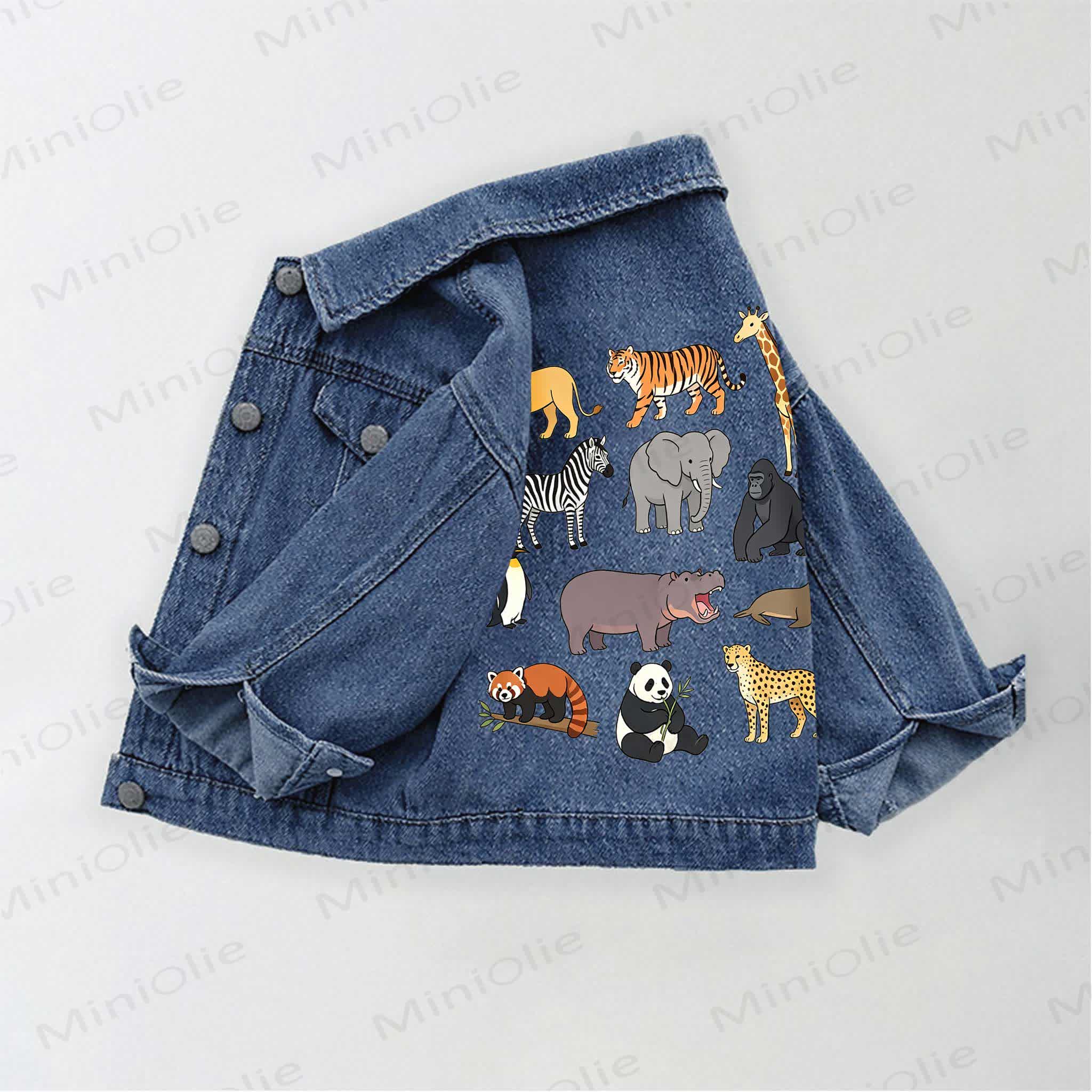 Toddler Kid Cartoon Wild Animals Print Denim Jacket - Blue - 10-11T - image 1