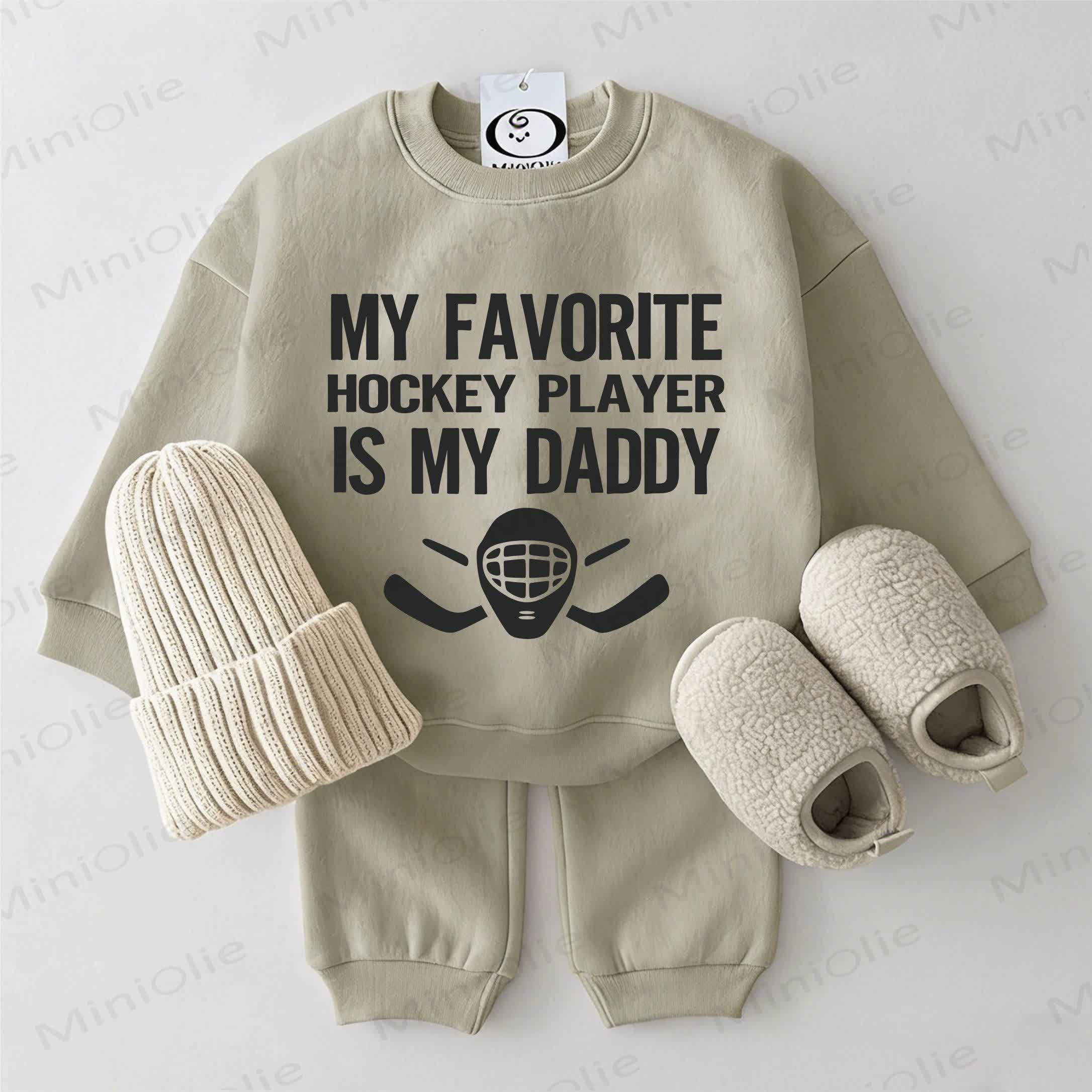 MY FAVORITE HOCKEY PLAYER IS MY DADDY Baby Sweatshirt 2-piece Grey Green Set - Grey Green - 2-3T - image 1
