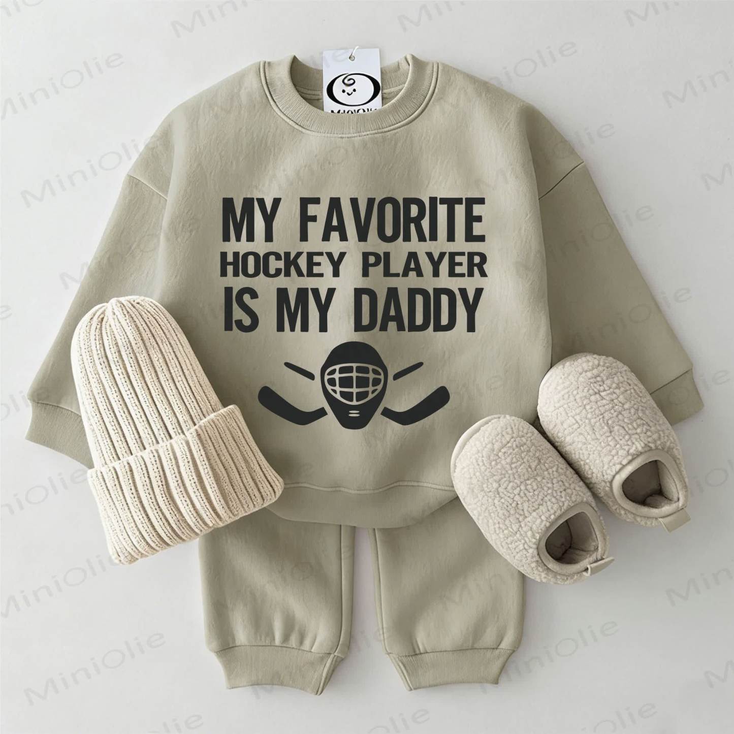 MY FAVORITE HOCKEY PLAYER IS MY DADDY Baby Sweatshirt 2-piece Grey Green Set - Grey Green - 2-3T - image 1