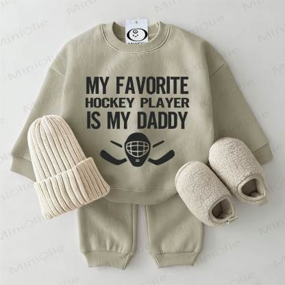 MY FAVORITE HOCKEY PLAYER IS MY DADDY Baby Sweatshirt 2-piece Grey Green Set - Grey Green - 2-3T - image 1