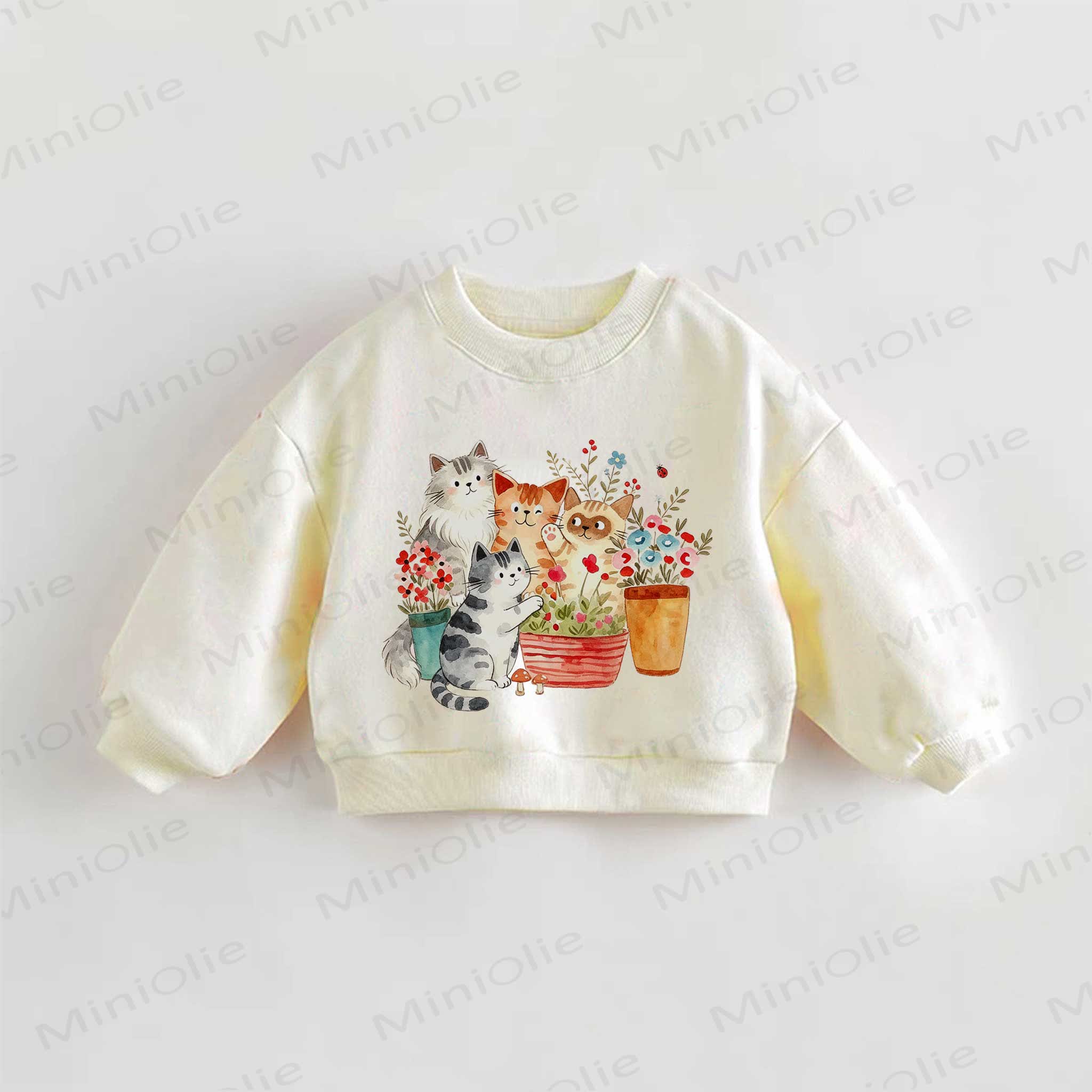 Baby Toddler Watercolor Cats Flowers Print Cream Sweatshirt - Cream - 3-5T - image 1